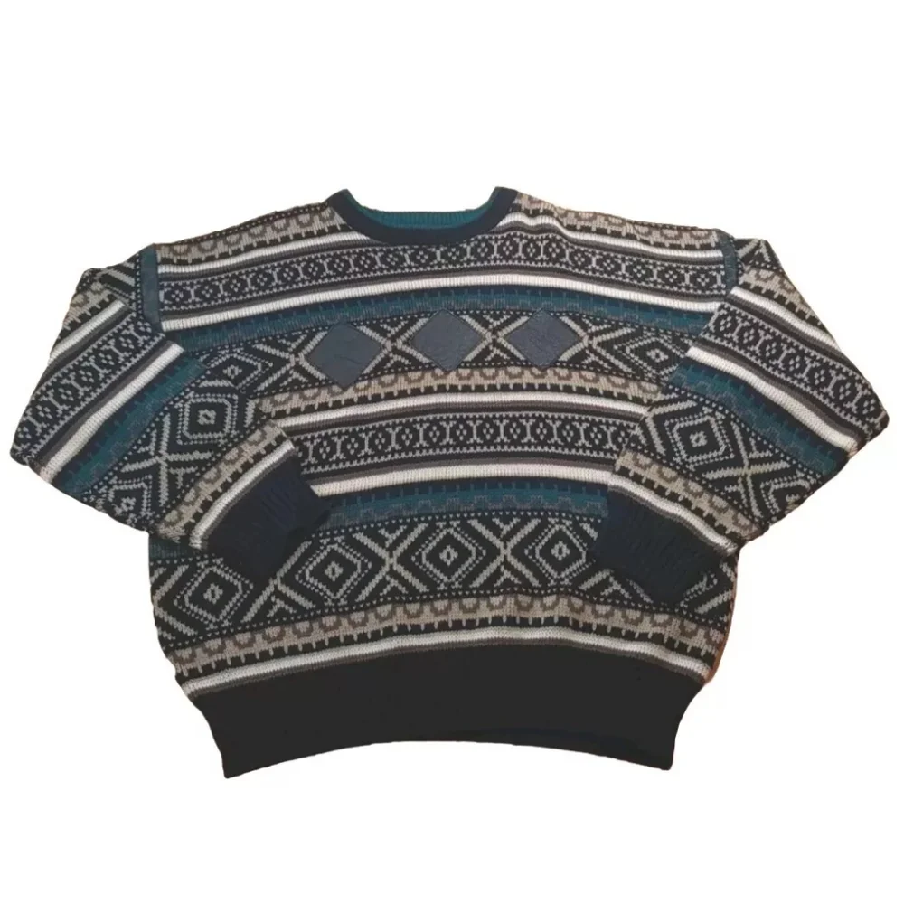 Vtg Impact Sweater Men XL Leather Patches Geometric Eclectic Grampa Ski Crewneck